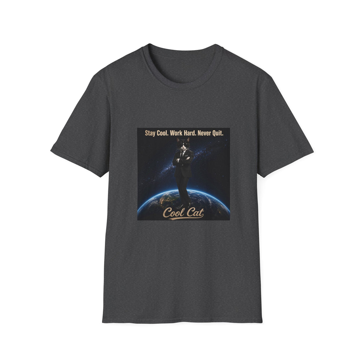 Cool Cat Motivational T-Shirt — "Stay Cool. Work Hard. Never Quit."