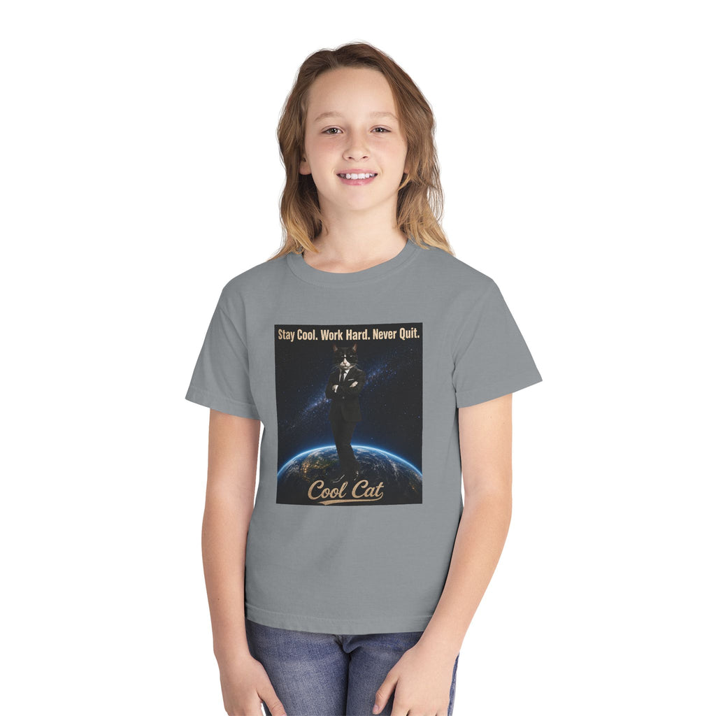 Cool Cat Youth Tee — "Stay Cool, Work Hard, Never Quit" Motivational Graphic Shirt