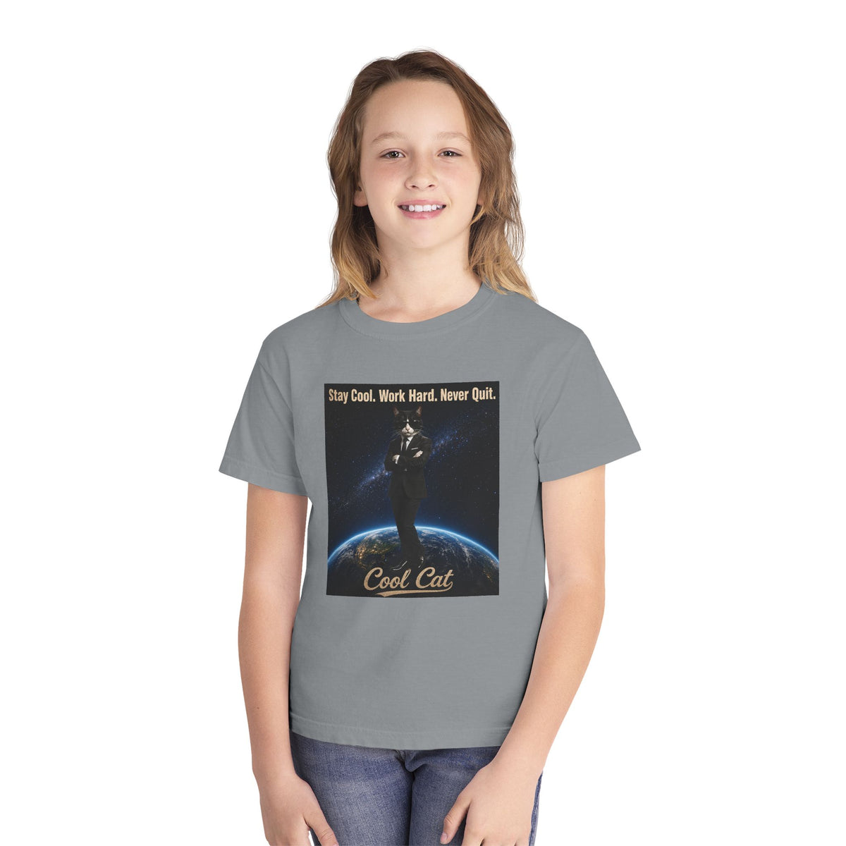Cool Cat Youth Tee — "Stay Cool, Work Hard, Never Quit" Motivational Graphic Shirt