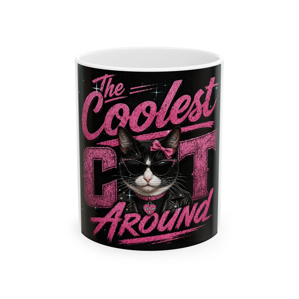 Coolest Cat Around Ceramic Mug — Pink Retro Cat Design (11oz & 15oz)
