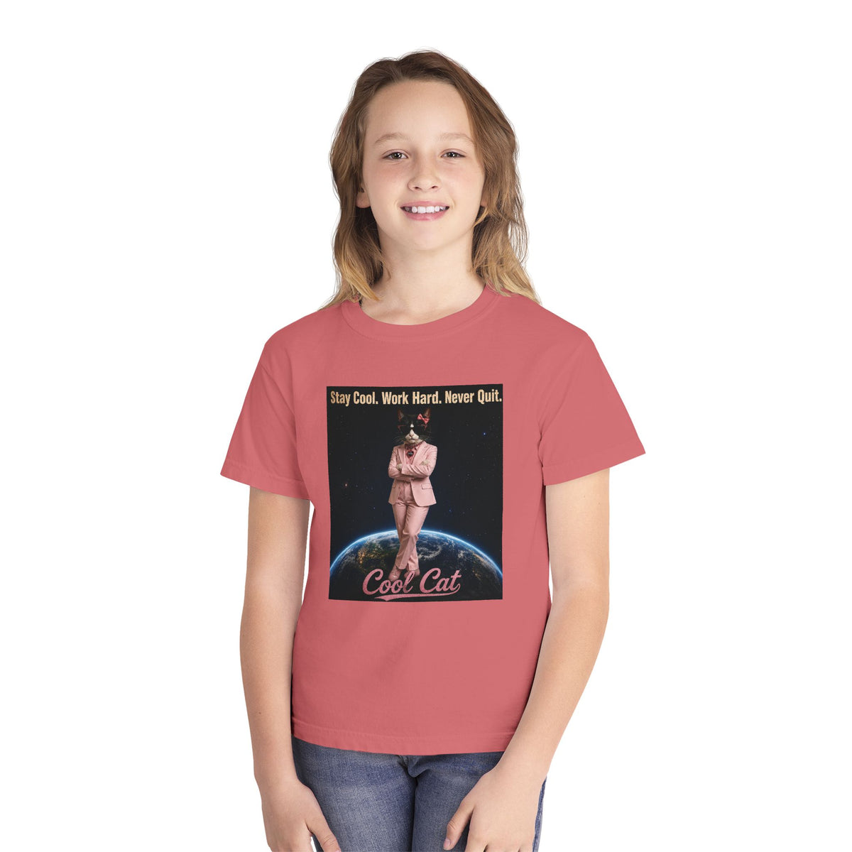 Cool Cat De Dee Standing on the Globe  Youth Tee — "Stay Cool, Work Hard, Never Quit" Motivational Graphic Shirt