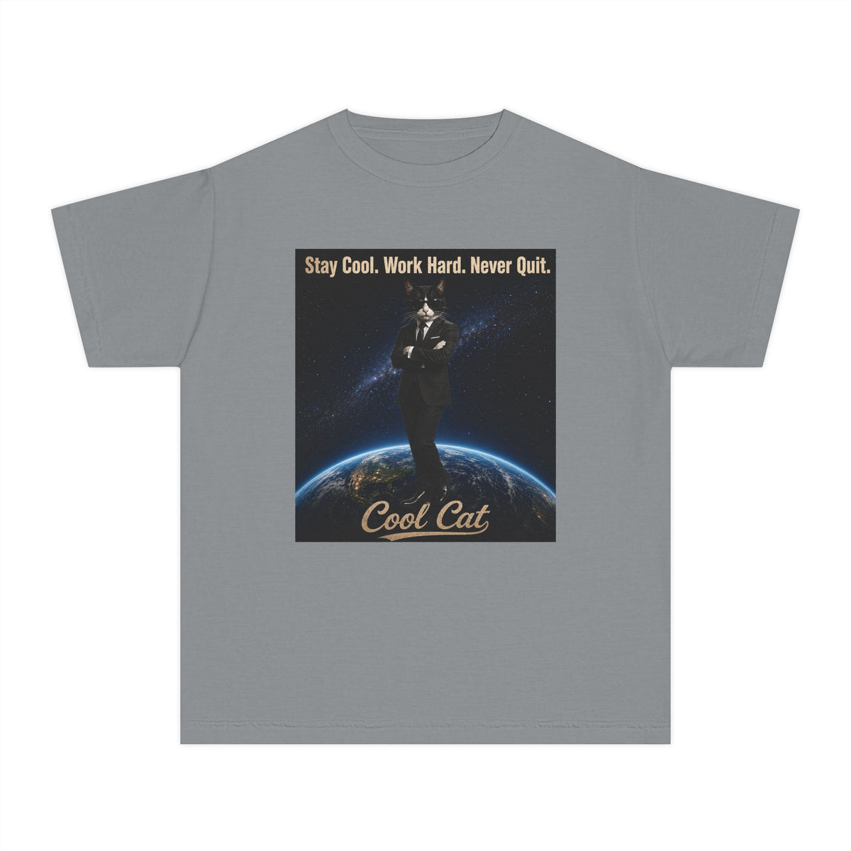 Cool Cat Youth Tee — "Stay Cool, Work Hard, Never Quit" Motivational Graphic Shirt
