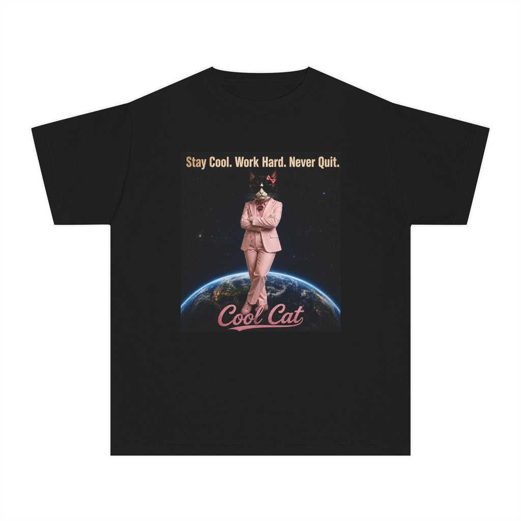 Cool Cat De Dee Standing on the Globe  Youth Tee — "Stay Cool, Work Hard, Never Quit" Motivational Graphic Shirt