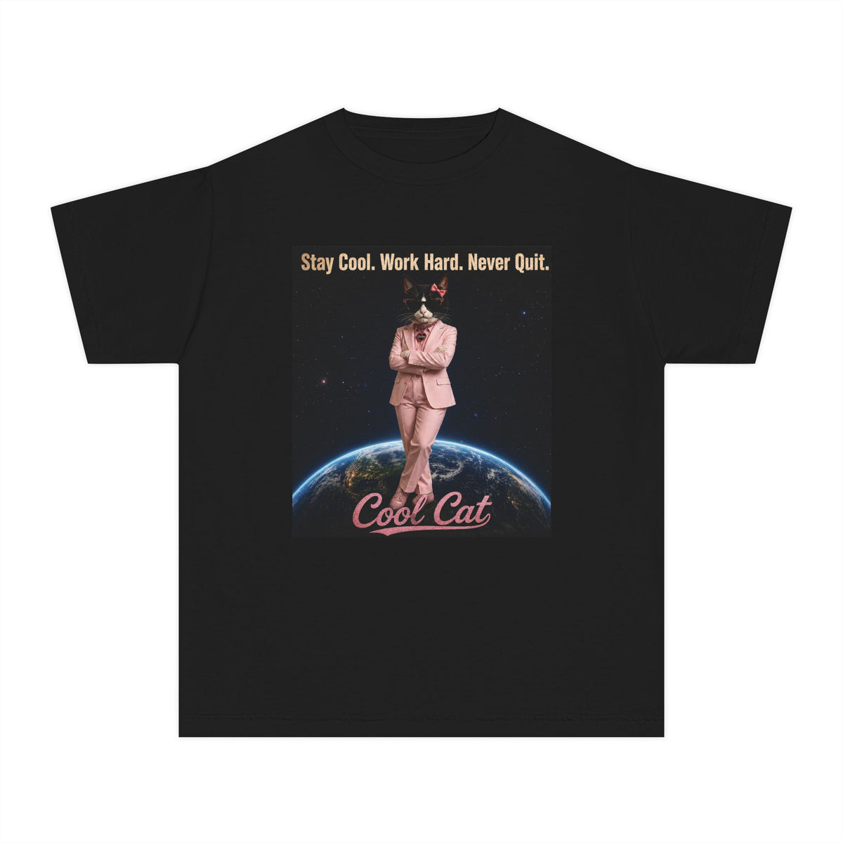 Cool Cat De Dee Standing on the Globe  Youth Tee — "Stay Cool, Work Hard, Never Quit" Motivational Graphic Shirt