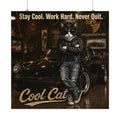 Cool Cat Satin Poster — "Stay Cool. Work Hard. Never Quit." Motivational Cat with Sports Car