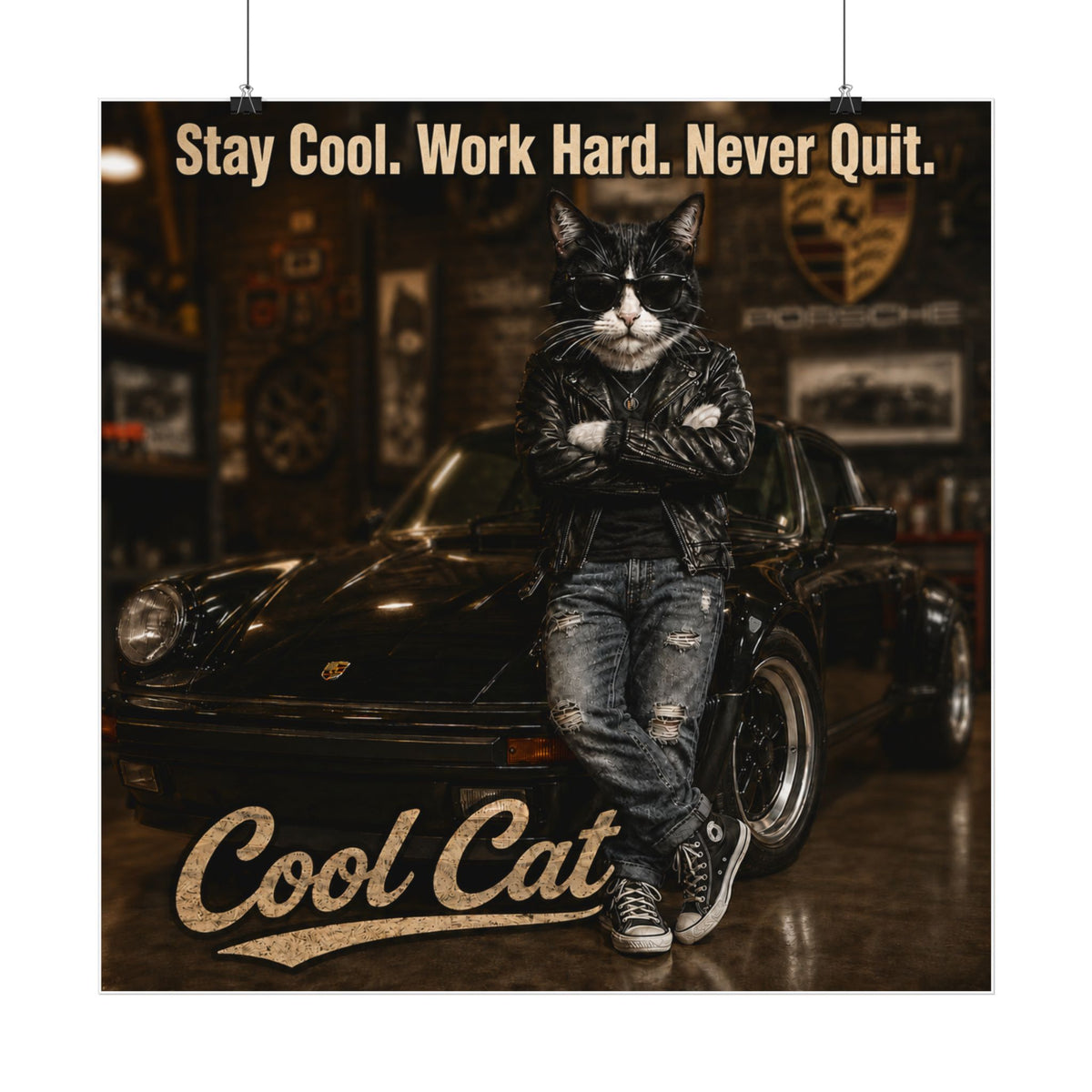 Cool Cat Satin Poster — "Stay Cool. Work Hard. Never Quit." Motivational Cat with Sports Car