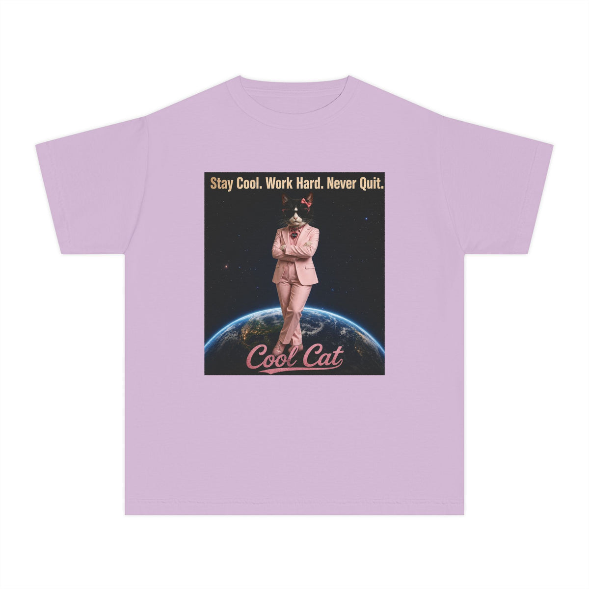 Cool Cat De Dee Standing on the Globe  Youth Tee — "Stay Cool, Work Hard, Never Quit" Motivational Graphic Shirt