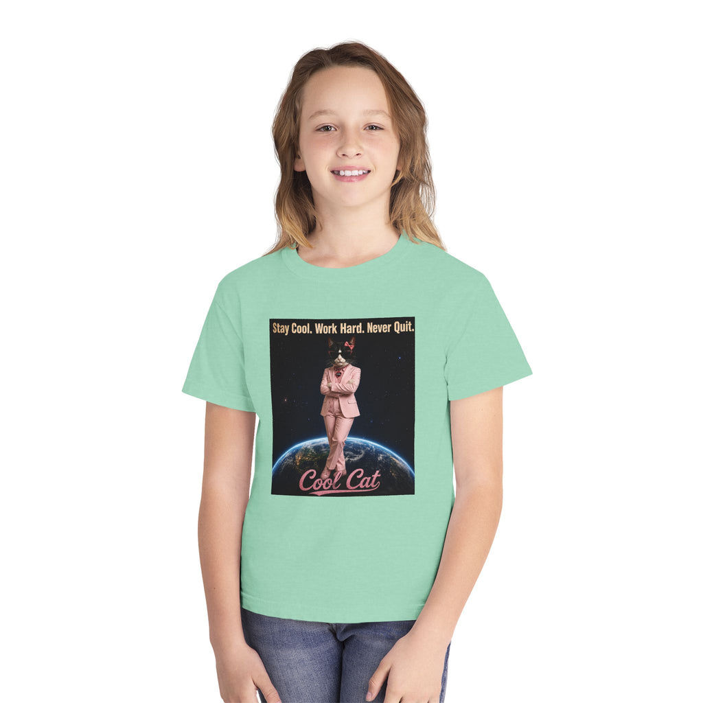 Cool Cat De Dee Standing on the Globe  Youth Tee — "Stay Cool, Work Hard, Never Quit" Motivational Graphic Shirt