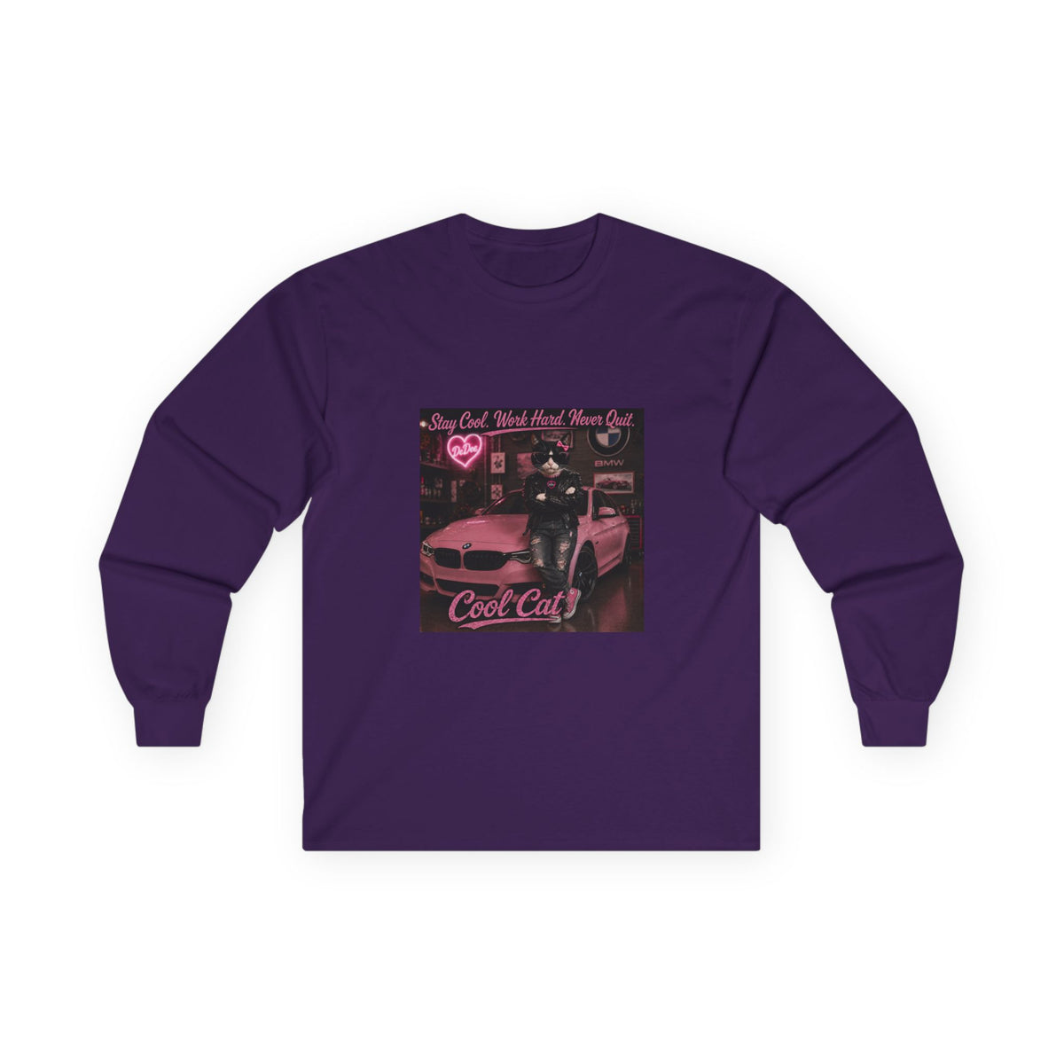 Cool Cat Long Sleeve Tee – "Stay Cool. Work Hard. Never Quit." Graphic Shirt