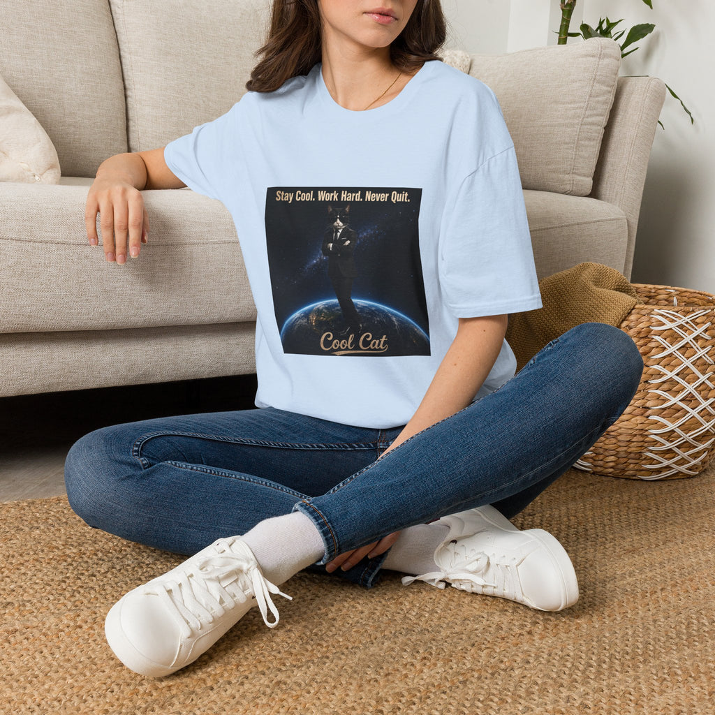 Cool Cat Motivational T-Shirt — "Stay Cool. Work Hard. Never Quit."