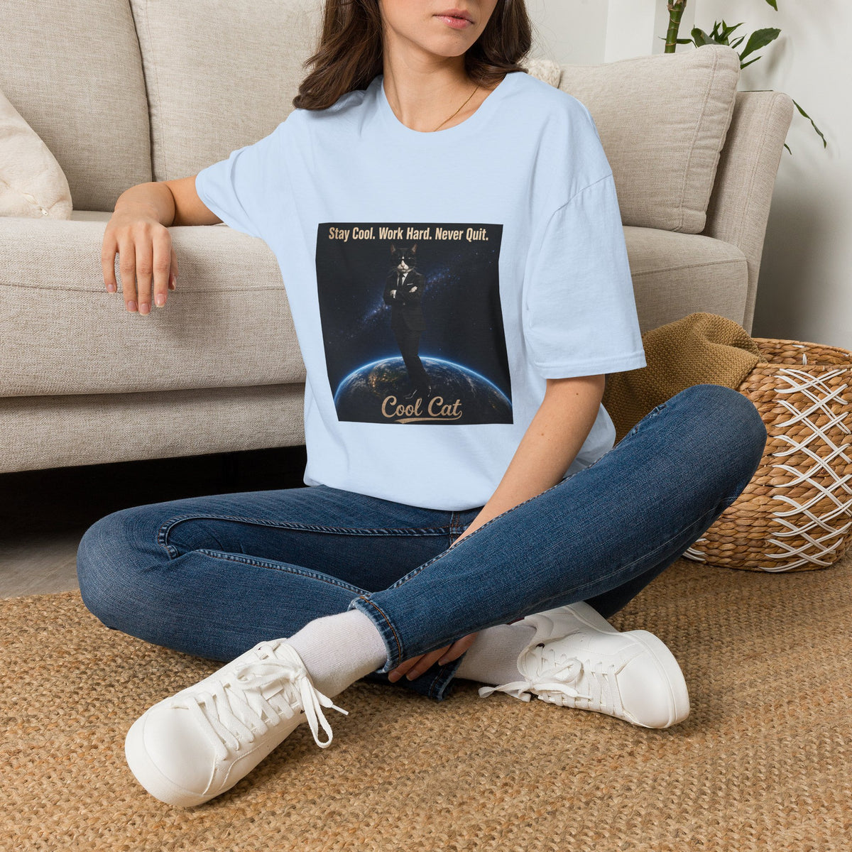 Cool Cat Motivational T-Shirt — "Stay Cool. Work Hard. Never Quit."