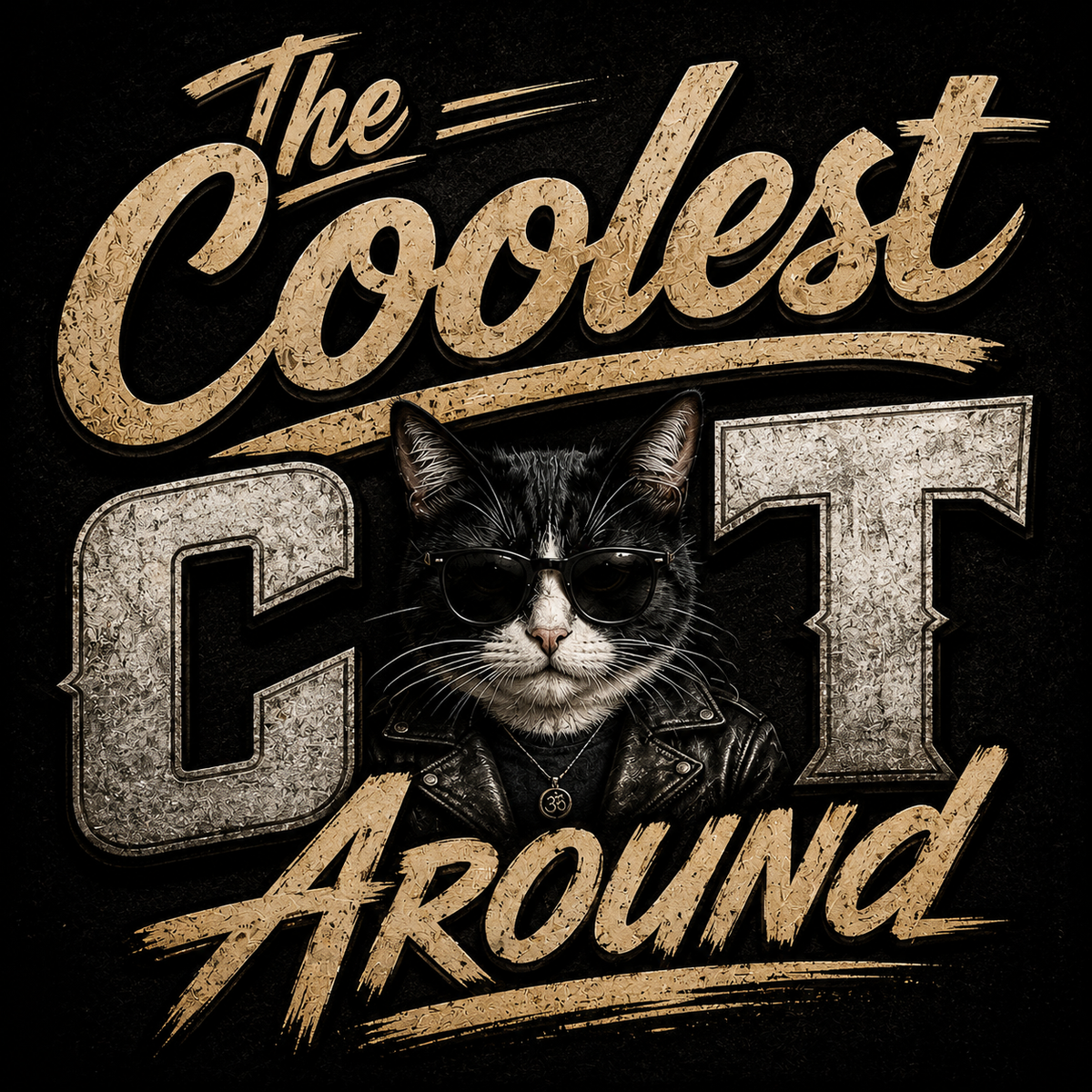 A stylized graphic with the phrase 'The Coolest CT Around' in distressed tan lettering over a black background, with a black cat wearing sunglasses and a leather jacket centered between the words.