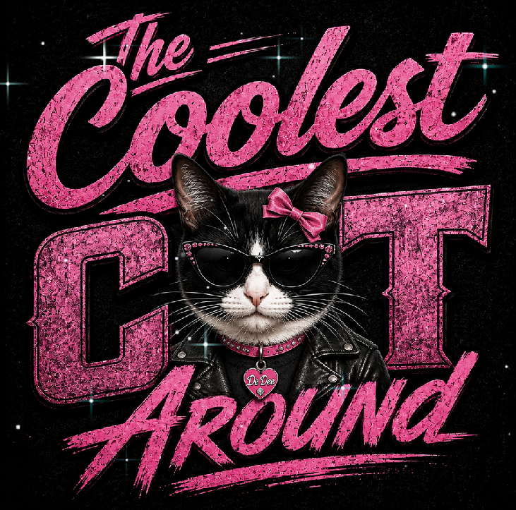 A graphic design featuring a black and white cat wearing sunglasses, a pink bow, and a black leather jacket, surrounded by glittery pink text that reads 'The Coolest Cat Around' on a black background.