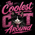 A graphic design featuring a black and white cat wearing sunglasses, a pink bow, and a black leather jacket, surrounded by glittery pink text that reads 'The Coolest Cat Around' on a black background.