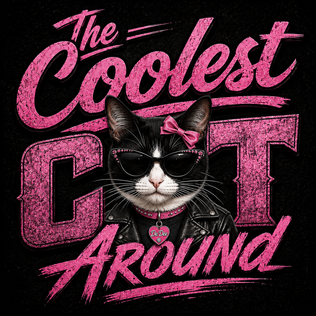 A stylized graphic print featuring a black-and-white cat wearing sunglasses, a pink bow, and a pink collar, with large pink text reading 'The Coolest Cat Around' on a black background.