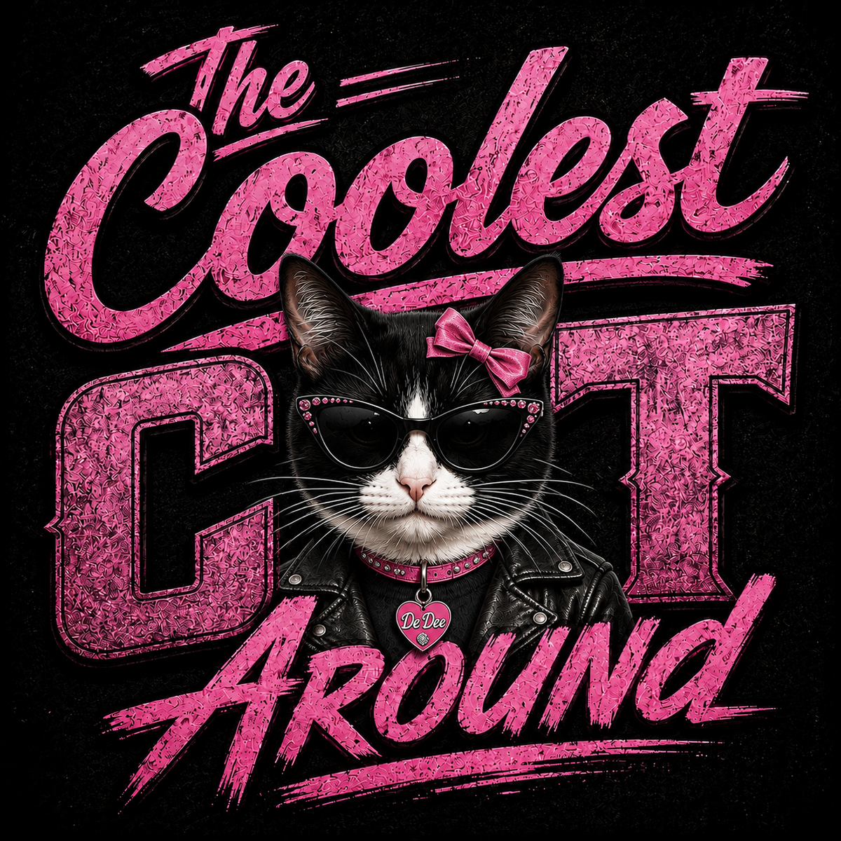 A stylized graphic print featuring a black-and-white cat wearing sunglasses, a pink bow, and a pink collar, with large pink text reading 'The Coolest Cat Around' on a black background.