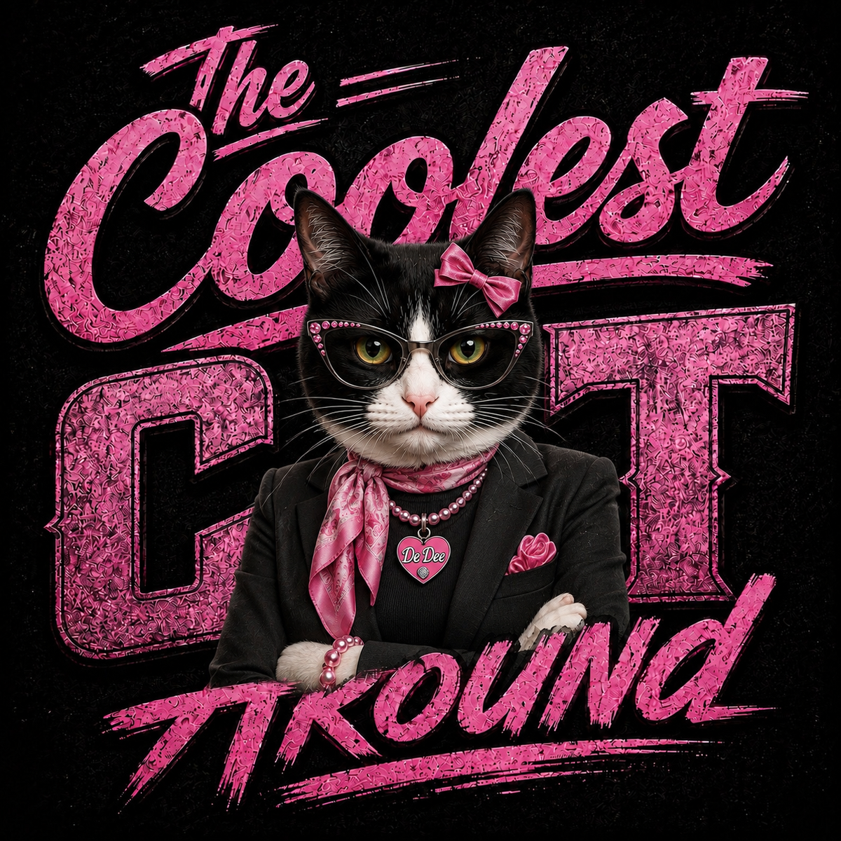 A stylized graphic featuring a black-and-white cat dressed in a black blazer, pink bow and scarf, and pink heart-shaped necklace, posed in front of large pink glitter text reading 'The Coolest Cat Around' on a black background.